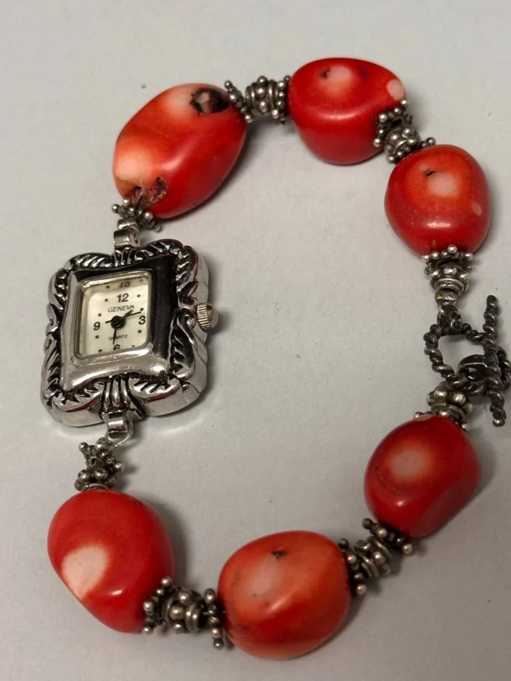 Geneva Watch Women Silver Tone Red Chunky Coral Beads Sterling Clasp Works